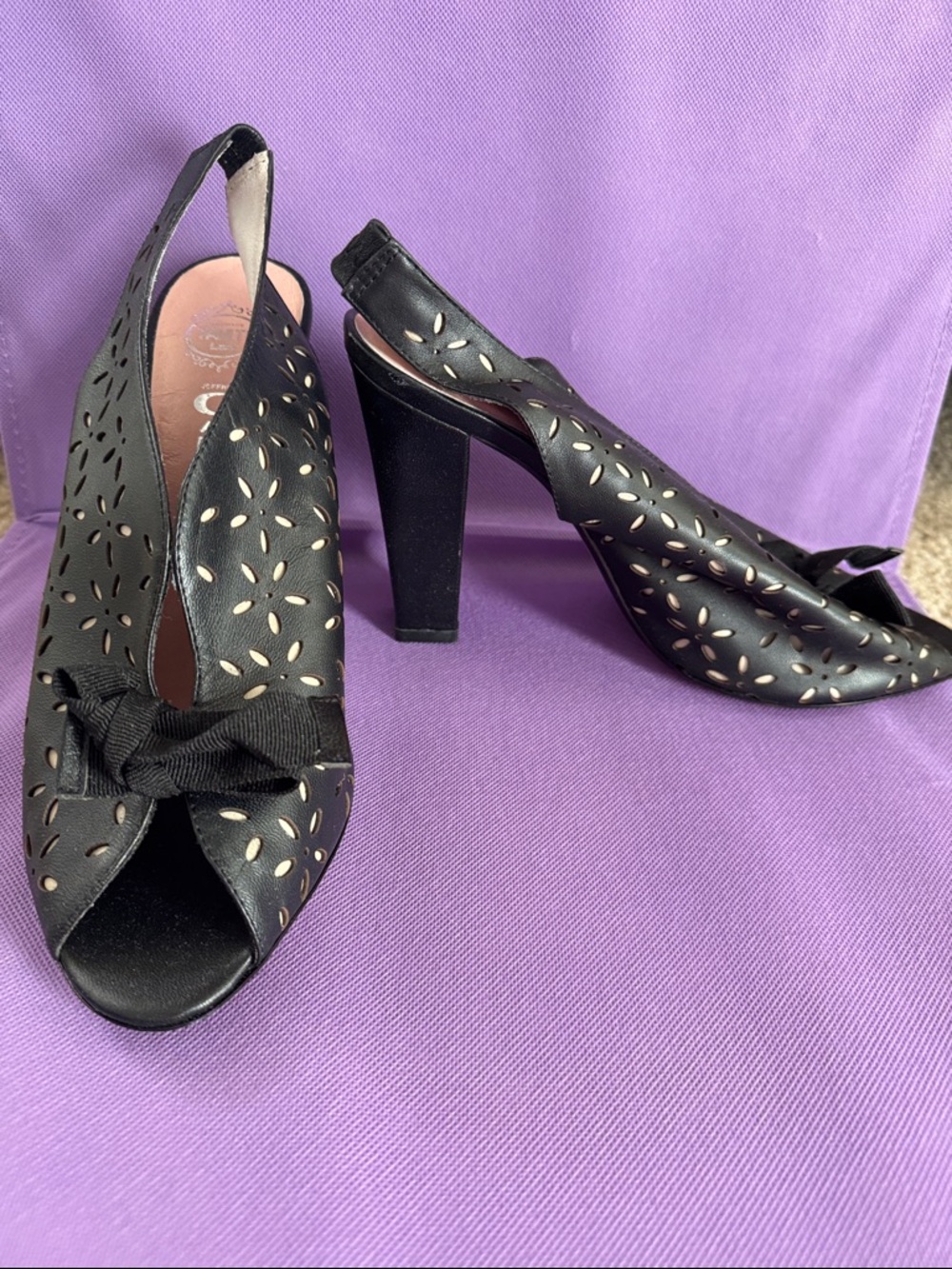 Jeffrey Campbell Black Laser-Cut Peep-Toe Slingback Heels with Bow Accent